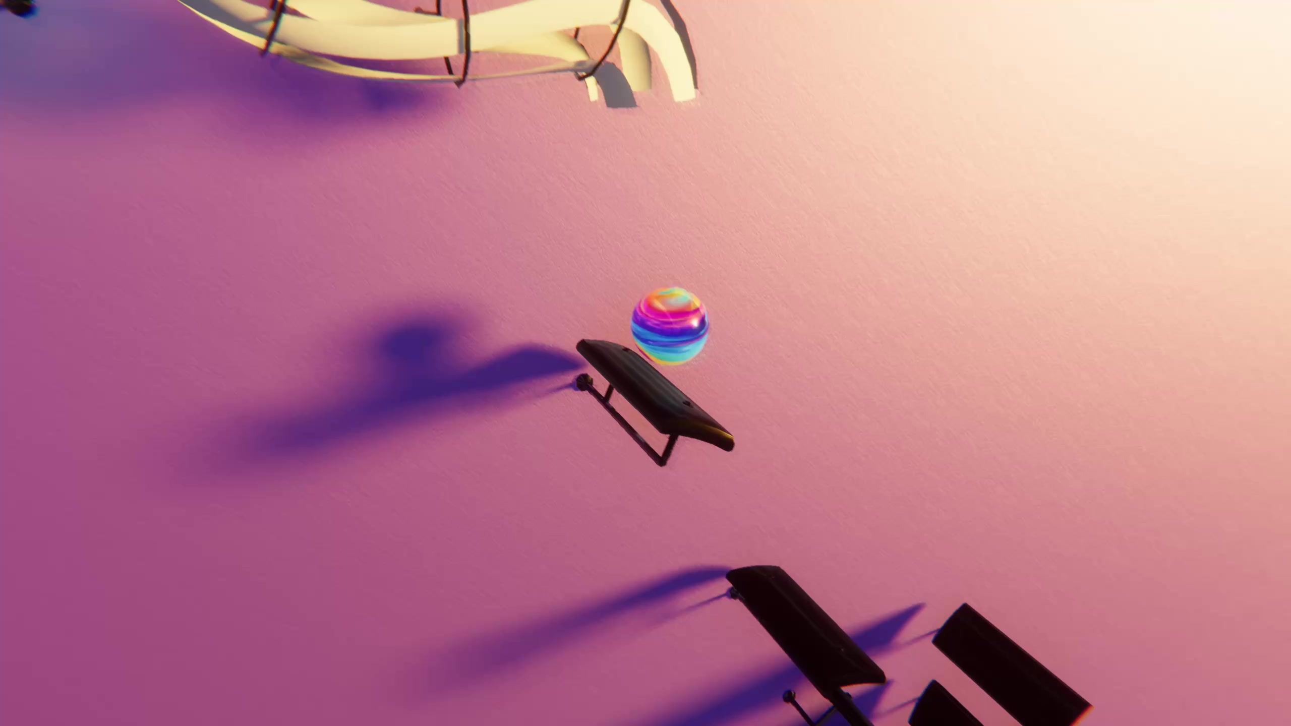 A rainbow marble bouncing between paddles on a pink background in Marble Music